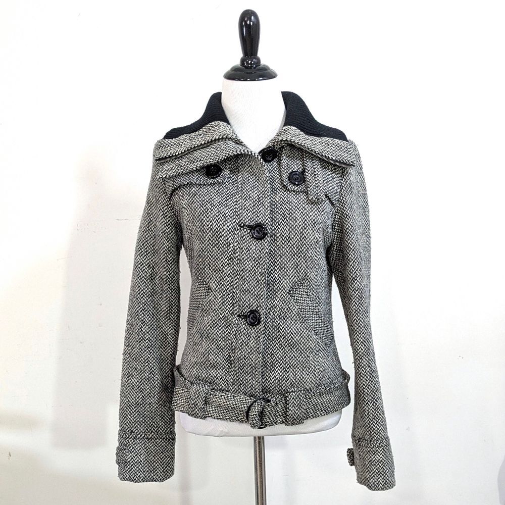 TRF Wool Collection Belted Coat - Size Small Womens - Black & Cream - Zara